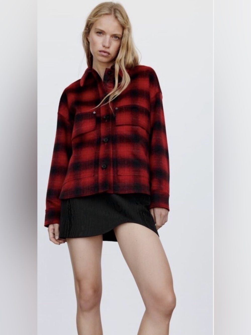 Zara Red and Black Plaid Wool Blend Shacket